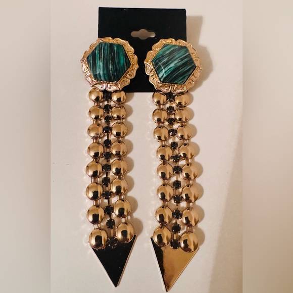 ASOS Green Marble Resin Stone and Gold Metal Link Dangle Earrings, NWT - Picture 2 of 8